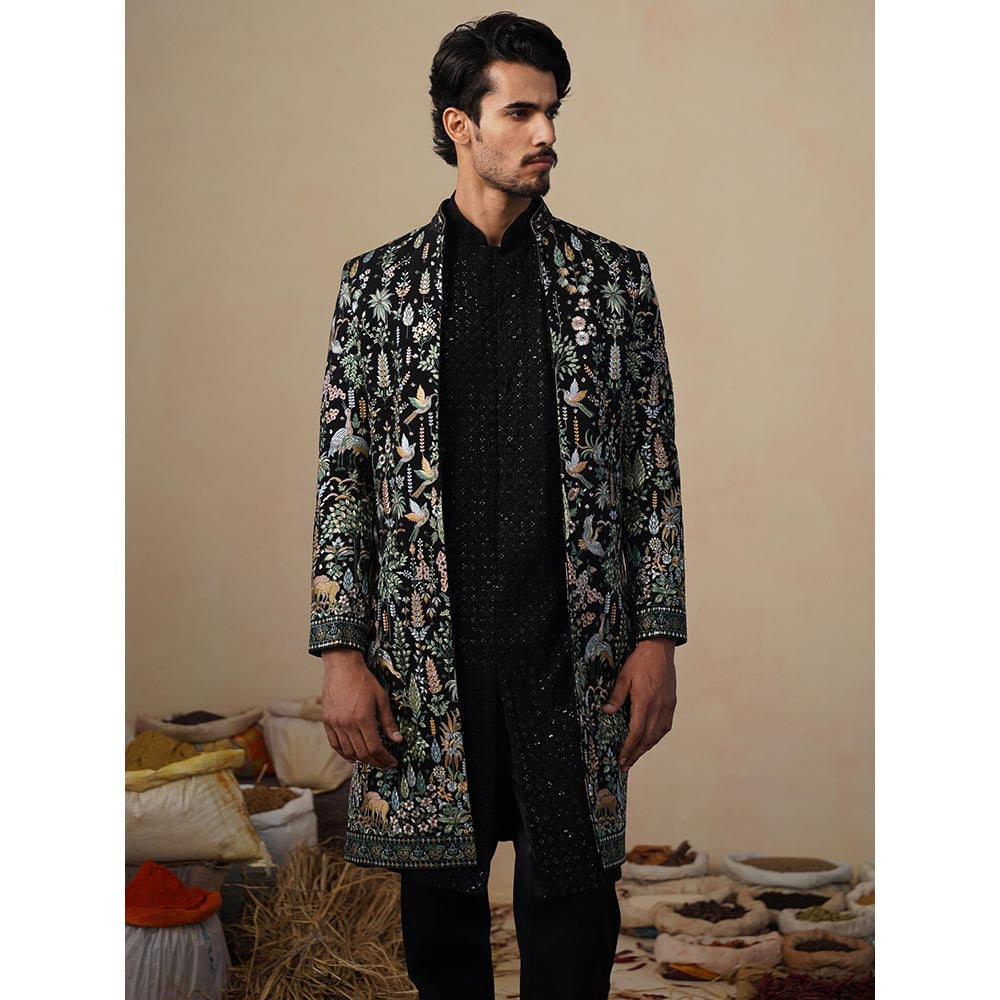 KALPRAAG Parind Black Indowestern Sherwani with Kurta and Pant