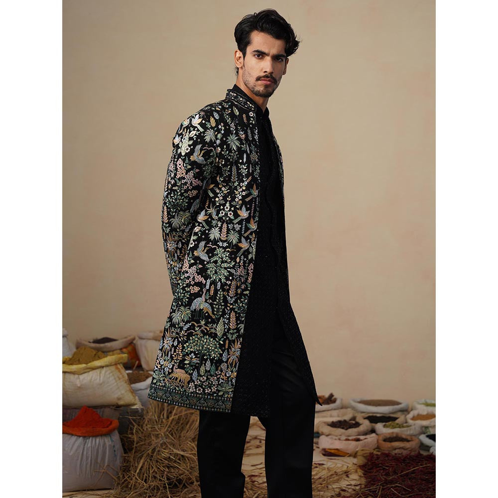 KALPRAAG Parind Black Indowestern Sherwani with Kurta and Pant