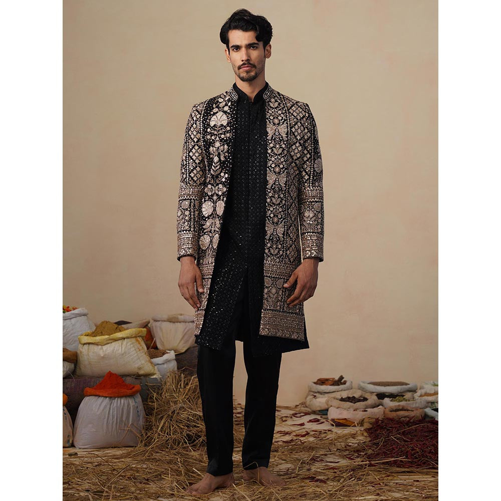 KALPRAAG Sanjh Cut Dana Black Indowestern Sherwani with Kurta and Pant