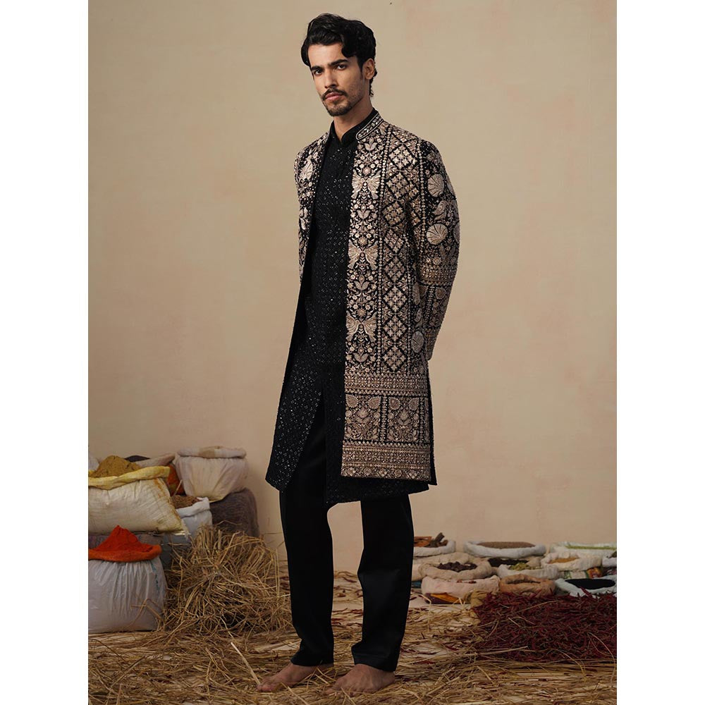 KALPRAAG Sanjh Cut Dana Black Indowestern Sherwani with Kurta and Pant