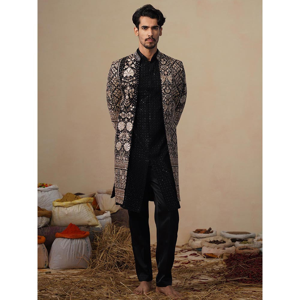 KALPRAAG Sanjh Cut Dana Black Indowestern Sherwani with Kurta and Pant