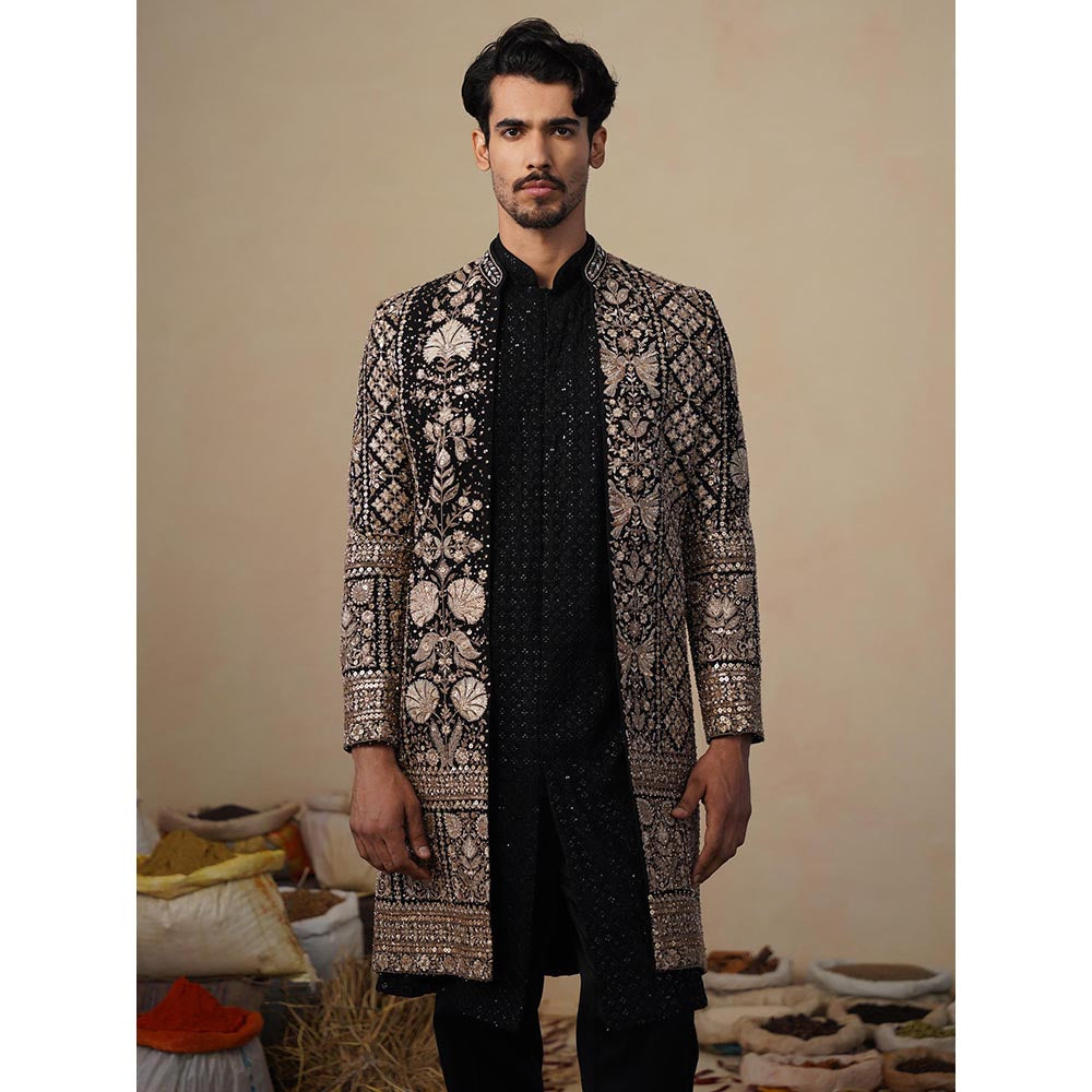 KALPRAAG Sanjh Cut Dana Black Indowestern Sherwani with Kurta and Pant