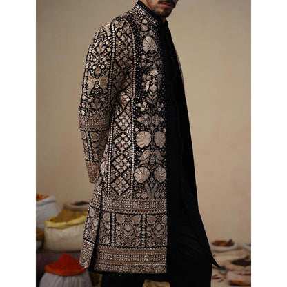 KALPRAAG Sanjh Cut Dana Black Indowestern Sherwani with Kurta and Pant