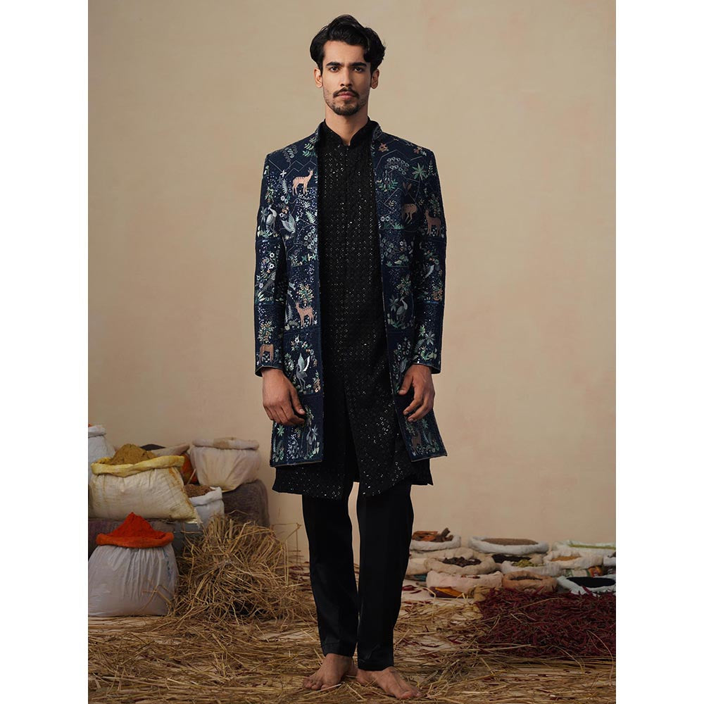 KALPRAAG Prabal Navy Blue Indowestern Sherwani with Kurta and Pant