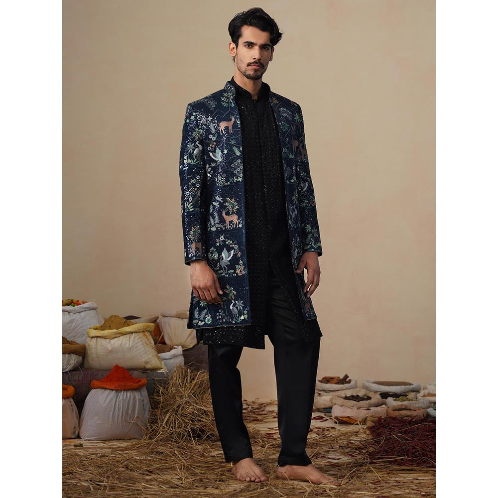 KALPRAAG Prabal Navy Blue Indowestern Sherwani with Kurta and Pant