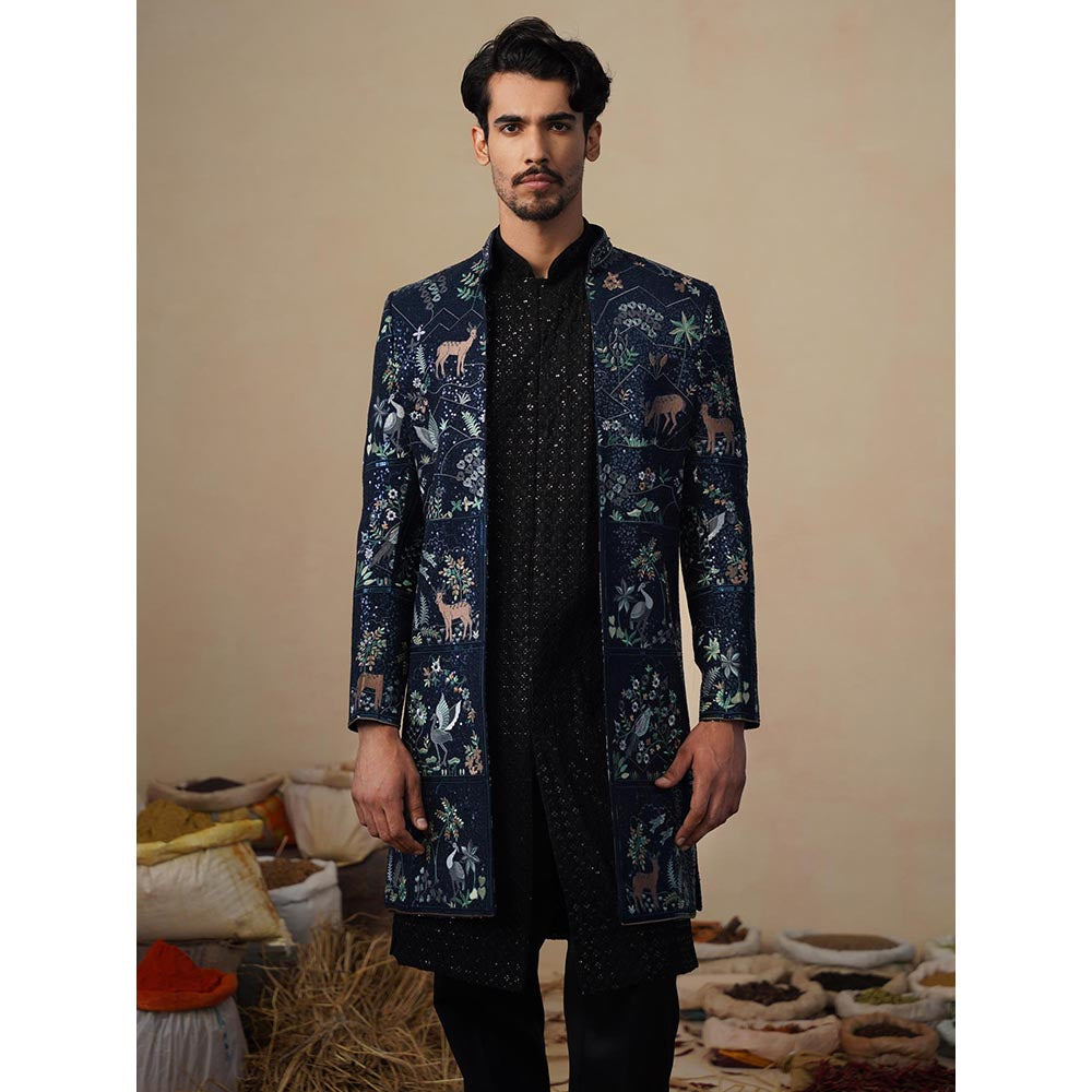 KALPRAAG Prabal Navy Blue Indowestern Sherwani with Kurta and Pant