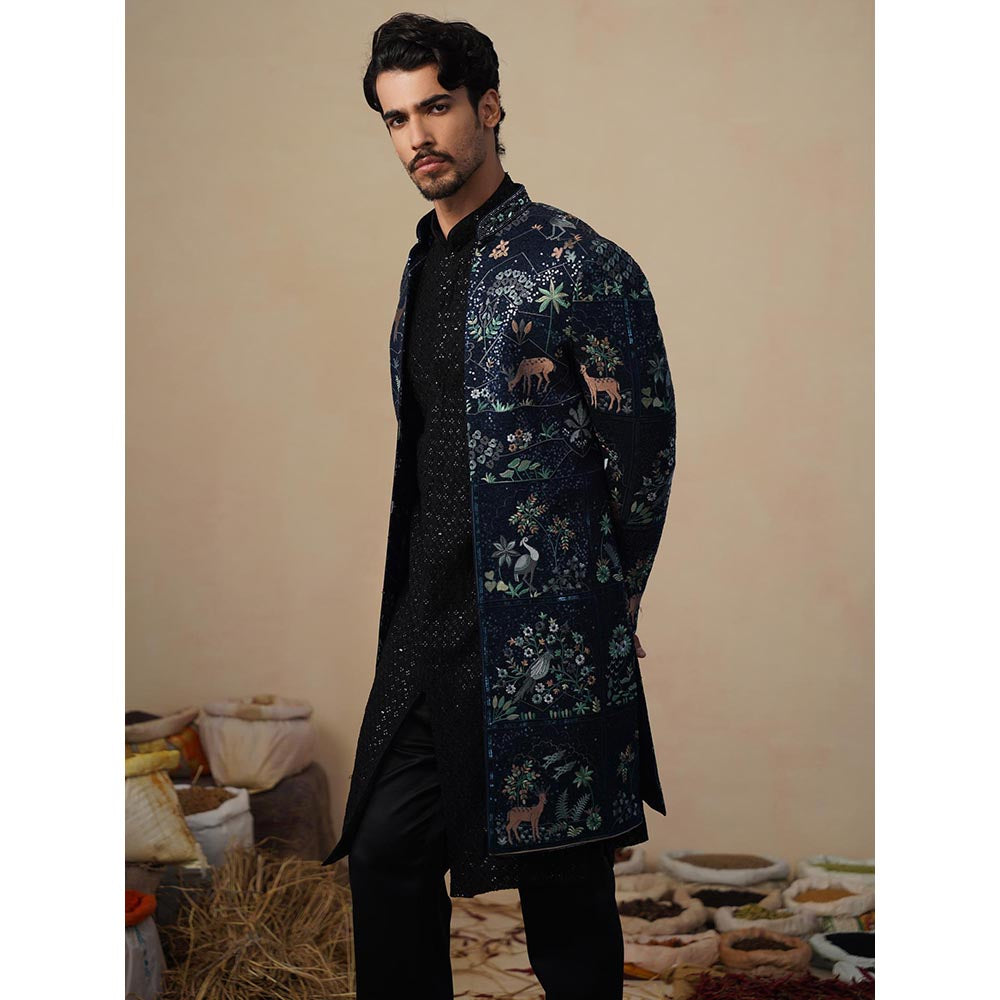 KALPRAAG Prabal Navy Blue Indowestern Sherwani with Kurta and Pant