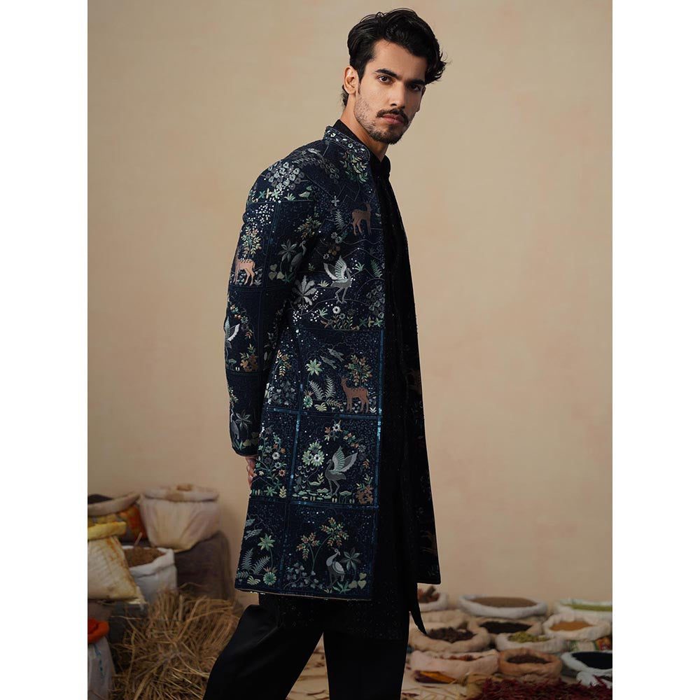 KALPRAAG Prabal Navy Blue Indowestern Sherwani with Kurta and Pant