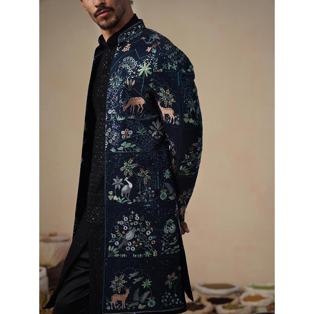 KALPRAAG Prabal Navy Blue Indowestern Sherwani with Kurta and Pant