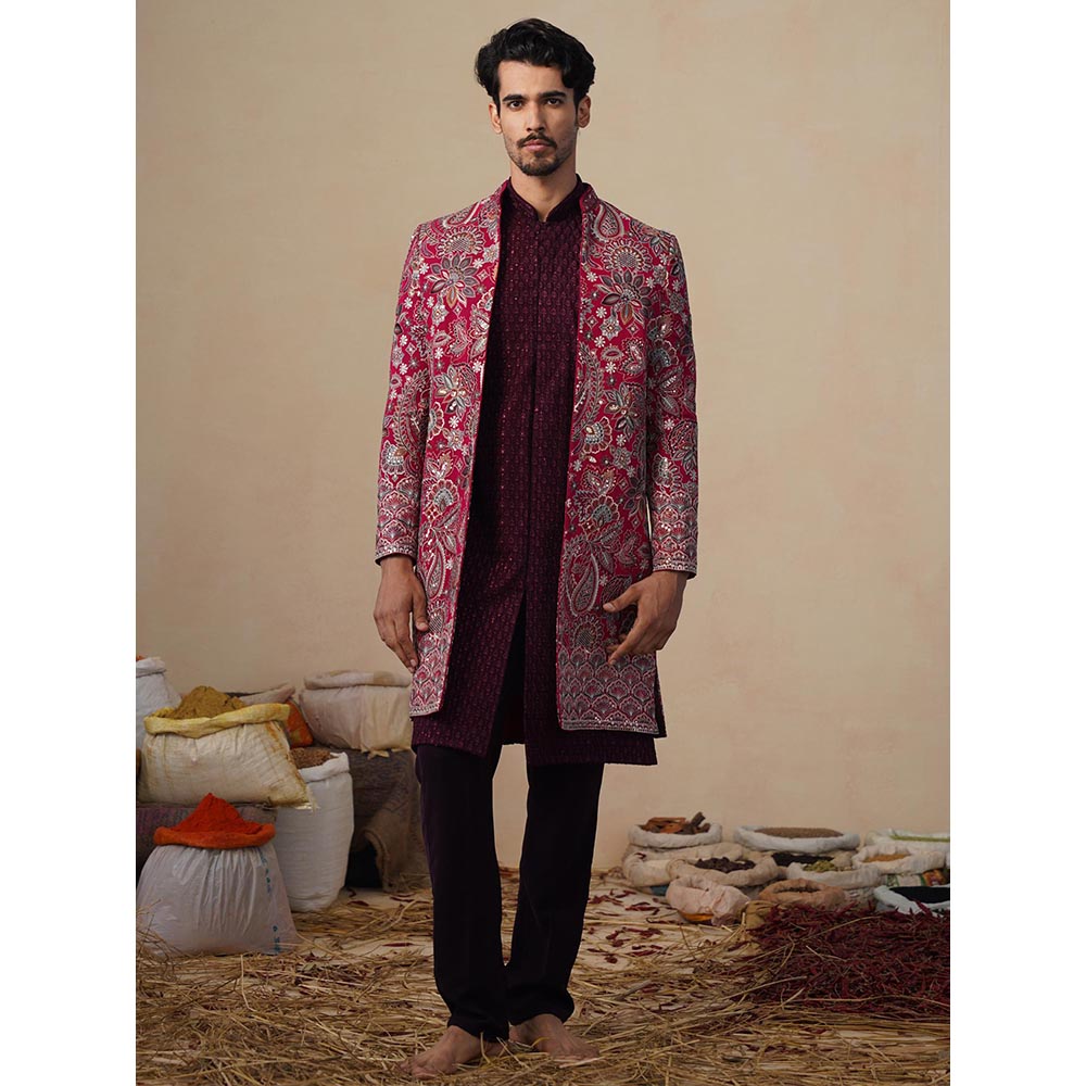 KALPRAAG Ikkat Hot Pink Indowestern Sherwani With Kurta And Pant