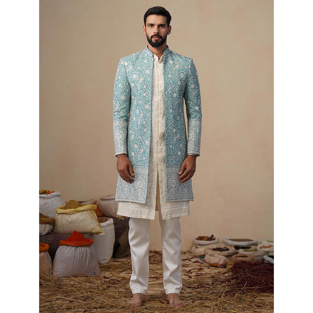 KALPRAAG Jahan Sky Blue Indowestern Sherwani With Kurta And Pant