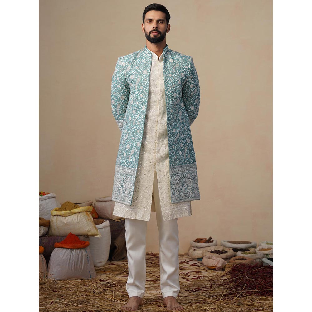 KALPRAAG Jahan Sky Blue Indowestern Sherwani With Kurta And Pant
