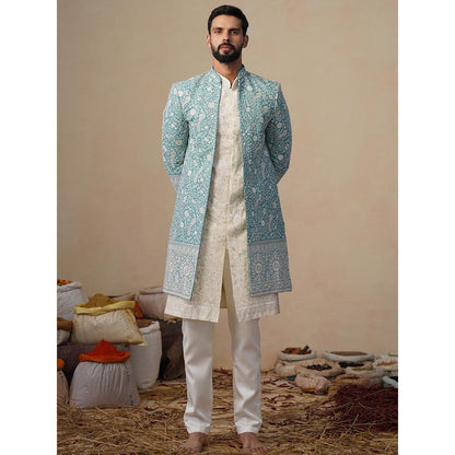 KALPRAAG Jahan Sky Blue Indowestern Sherwani With Kurta And Pant