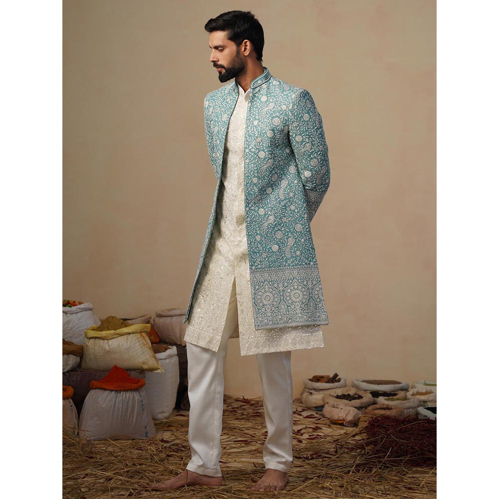 KALPRAAG Jahan Sky Blue Indowestern Sherwani With Kurta And Pant