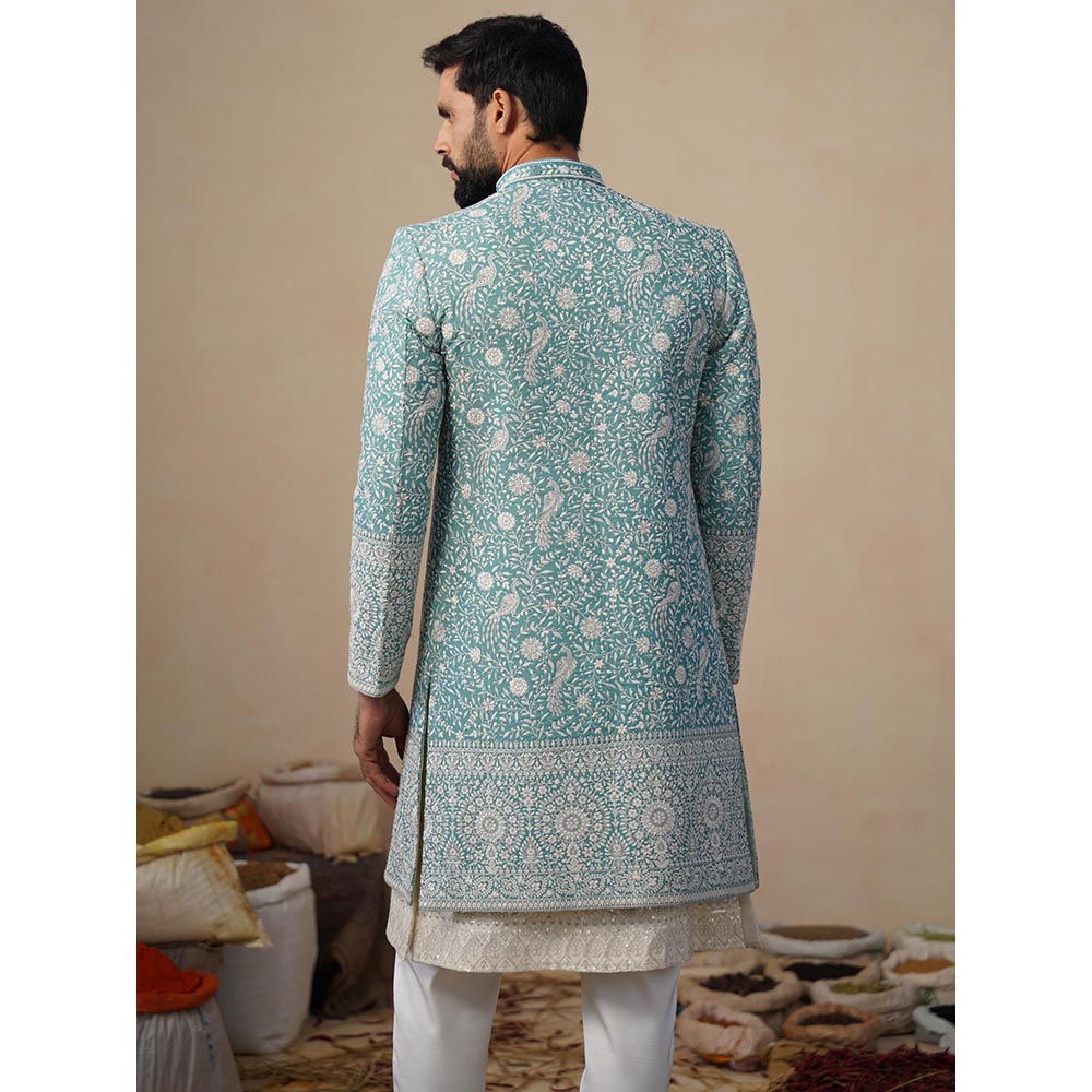 KALPRAAG Jahan Sky Blue Indowestern Sherwani With Kurta And Pant