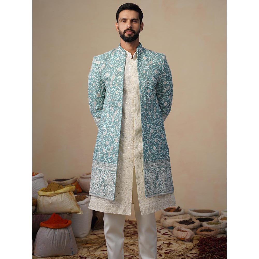 KALPRAAG Jahan Sky Blue Indowestern Sherwani With Kurta And Pant