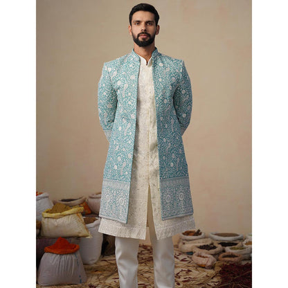 KALPRAAG Jahan Sky Blue Indowestern Sherwani With Kurta And Pant