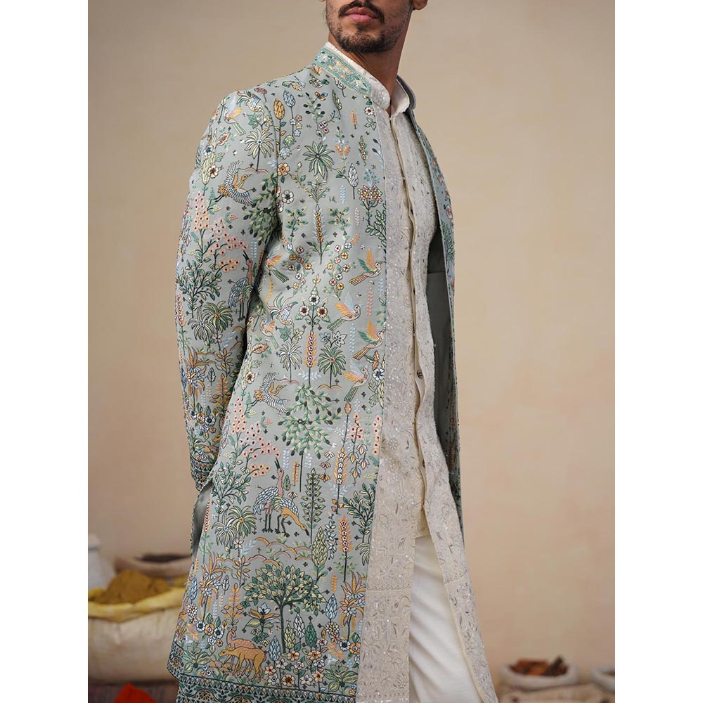 KALPRAAG Parind Green Indowestern Sherwani With Kurta And Pant