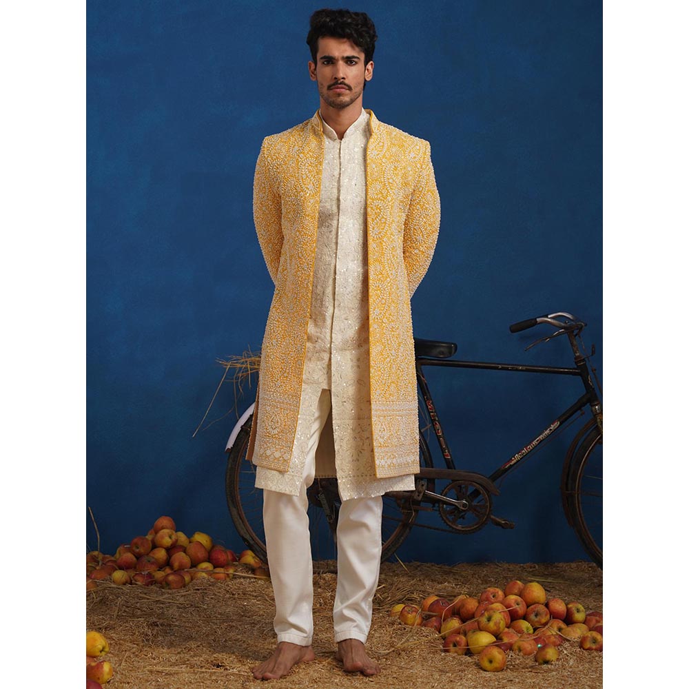 KALPRAAG Yellow Tejasvi Cut dana Haldi Sherwani With Kurta And Pant