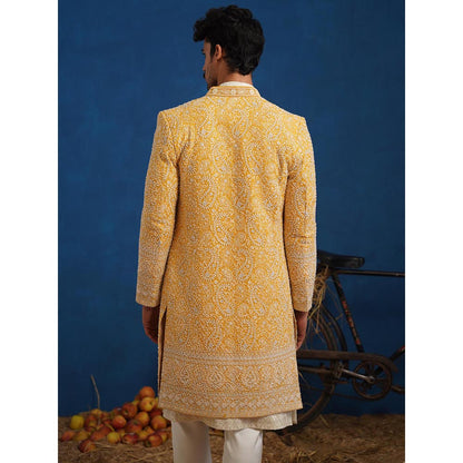 KALPRAAG Yellow Tejasvi Cut dana Haldi Sherwani With Kurta And Pant