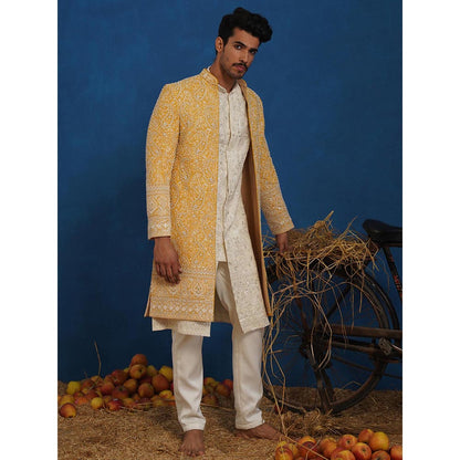 KALPRAAG Yellow Tejasvi Cut dana Haldi Sherwani With Kurta And Pant