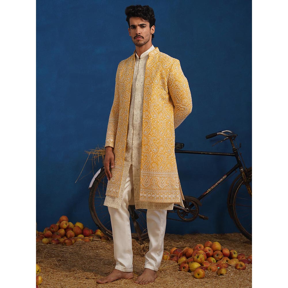 KALPRAAG Yellow Tejasvi Cut dana Haldi Sherwani With Kurta And Pant