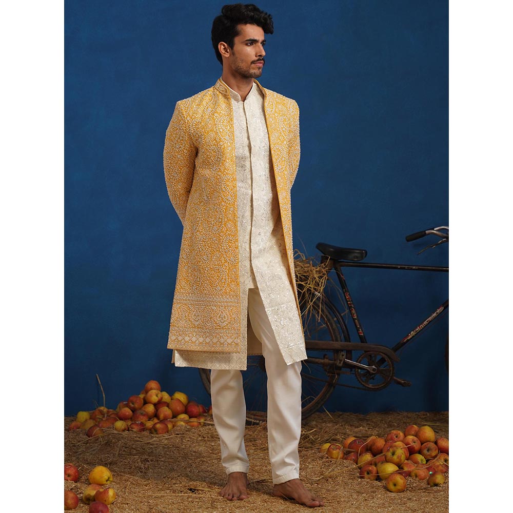 KALPRAAG Yellow Tejasvi Cut dana Haldi Sherwani With Kurta And Pant