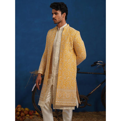 KALPRAAG Yellow Tejasvi Cut dana Haldi Sherwani With Kurta And Pant
