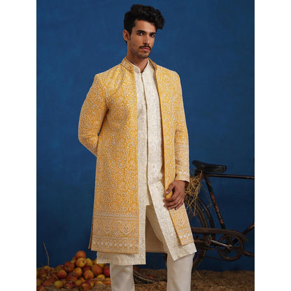 KALPRAAG Yellow Tejasvi Cut dana Haldi Sherwani With Kurta And Pant