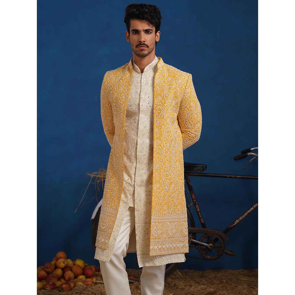 KALPRAAG Yellow Tejasvi Cut dana Haldi Sherwani With Kurta And Pant