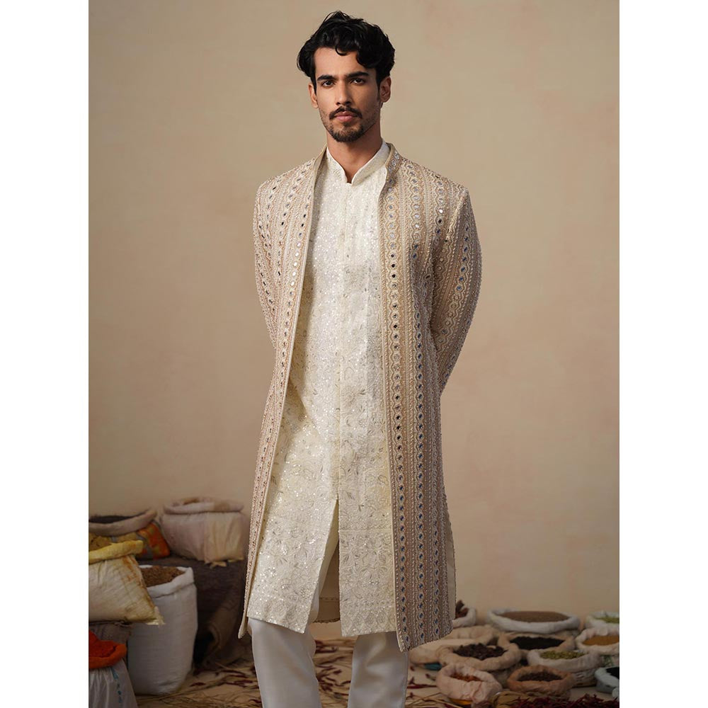 KALPRAAG Sheesha Cut dana Beige Sherwani With Kurta And Pant