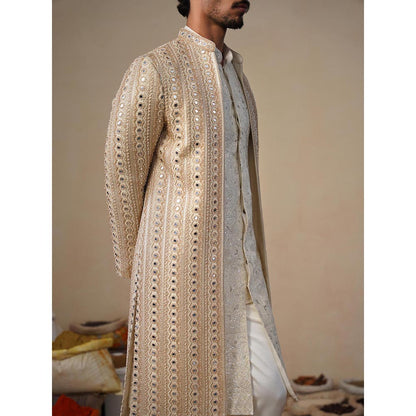 KALPRAAG Sheesha Cut dana Beige Sherwani With Kurta And Pant