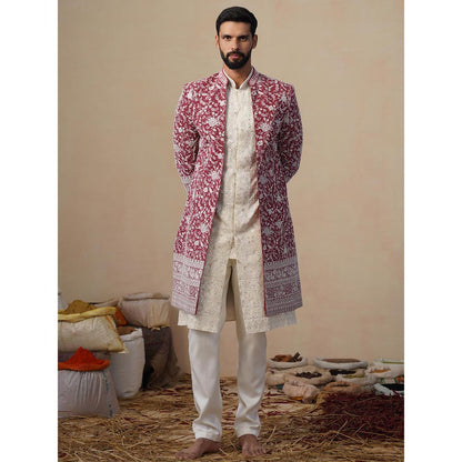 KALPRAAG Gulbahar Cut dana Maroon Indowestern Sherwani With Kurta And Pant