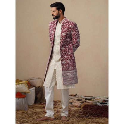 KALPRAAG Gulbahar Cut dana Maroon Indowestern Sherwani With Kurta And Pant