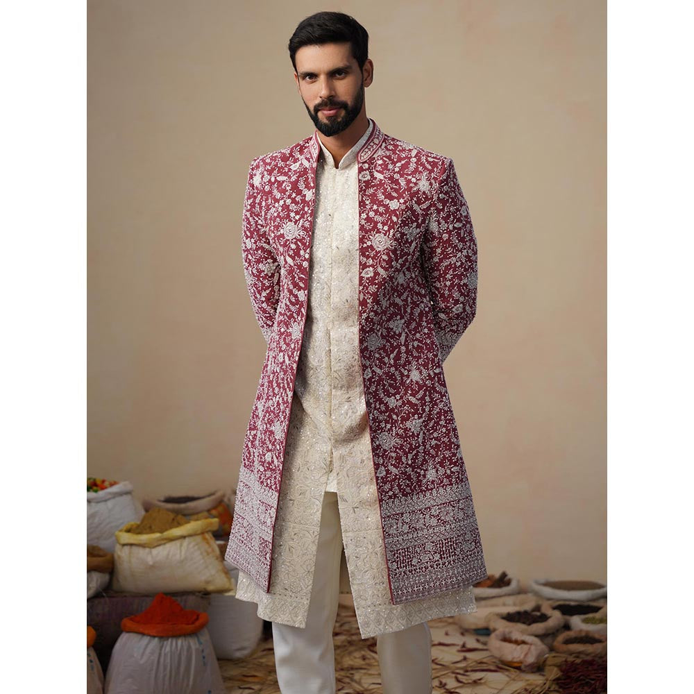 KALPRAAG Gulbahar Cut dana Maroon Indowestern Sherwani With Kurta And Pant