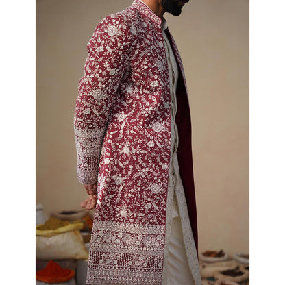 KALPRAAG Gulbahar Cut dana Maroon Indowestern Sherwani With Kurta And Pant