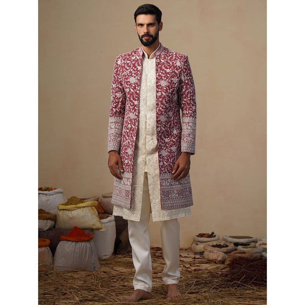 KALPRAAG Gulbahar Cut dana Maroon Indowestern Sherwani With Kurta And Pant