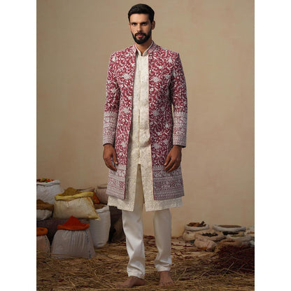 KALPRAAG Gulbahar Cut dana Maroon Indowestern Sherwani With Kurta And Pant
