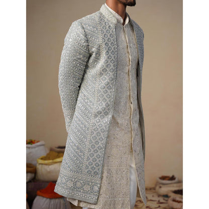 KALPRAAG Blue Noor Cut dana Sky Sherwani With Kurta And Pant