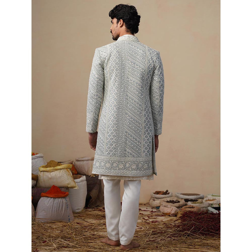 KALPRAAG Blue Noor Cut dana Sky Sherwani With Kurta And Pant