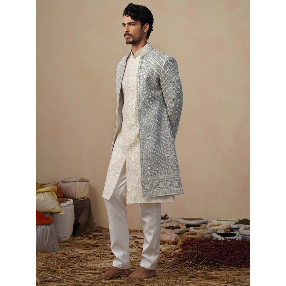 KALPRAAG Blue Noor Cut dana Sky Sherwani With Kurta And Pant