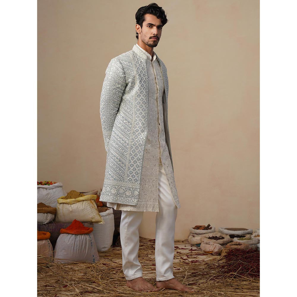 KALPRAAG Blue Noor Cut dana Sky Sherwani With Kurta And Pant
