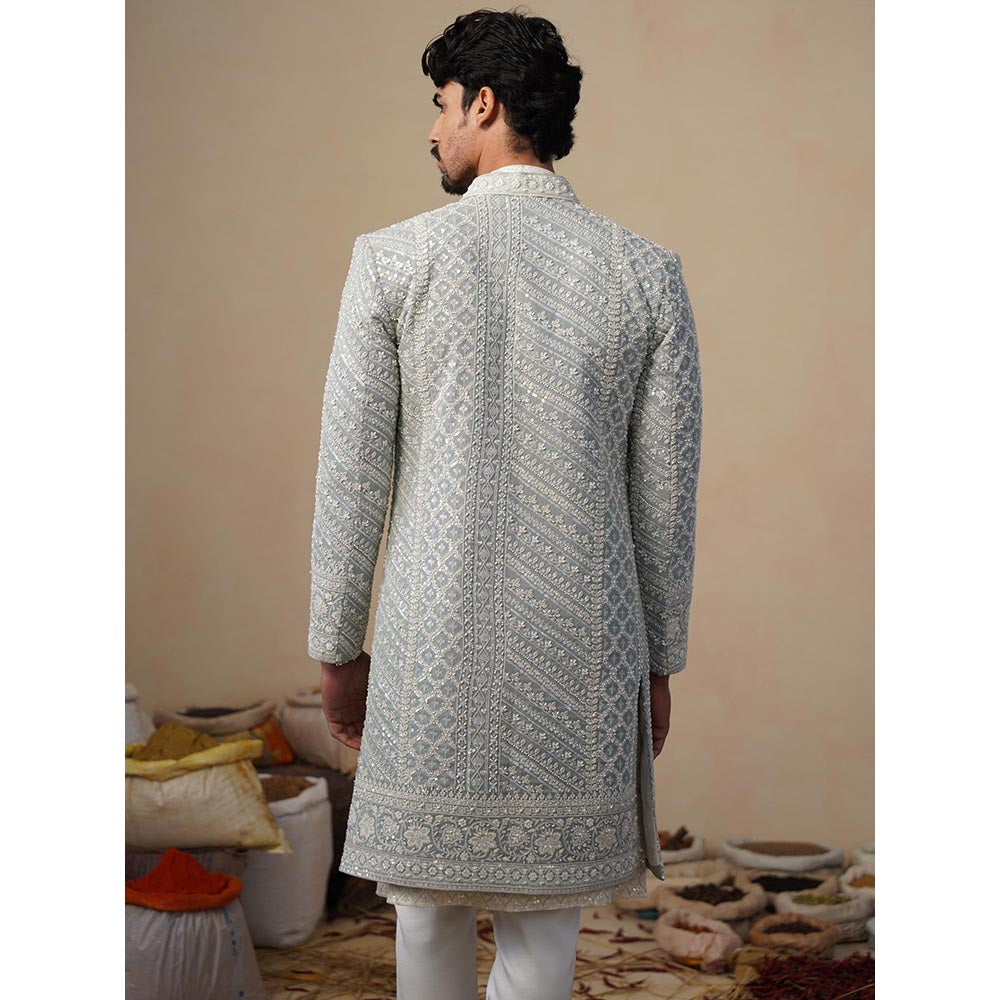 KALPRAAG Blue Noor Cut dana Sky Sherwani With Kurta And Pant
