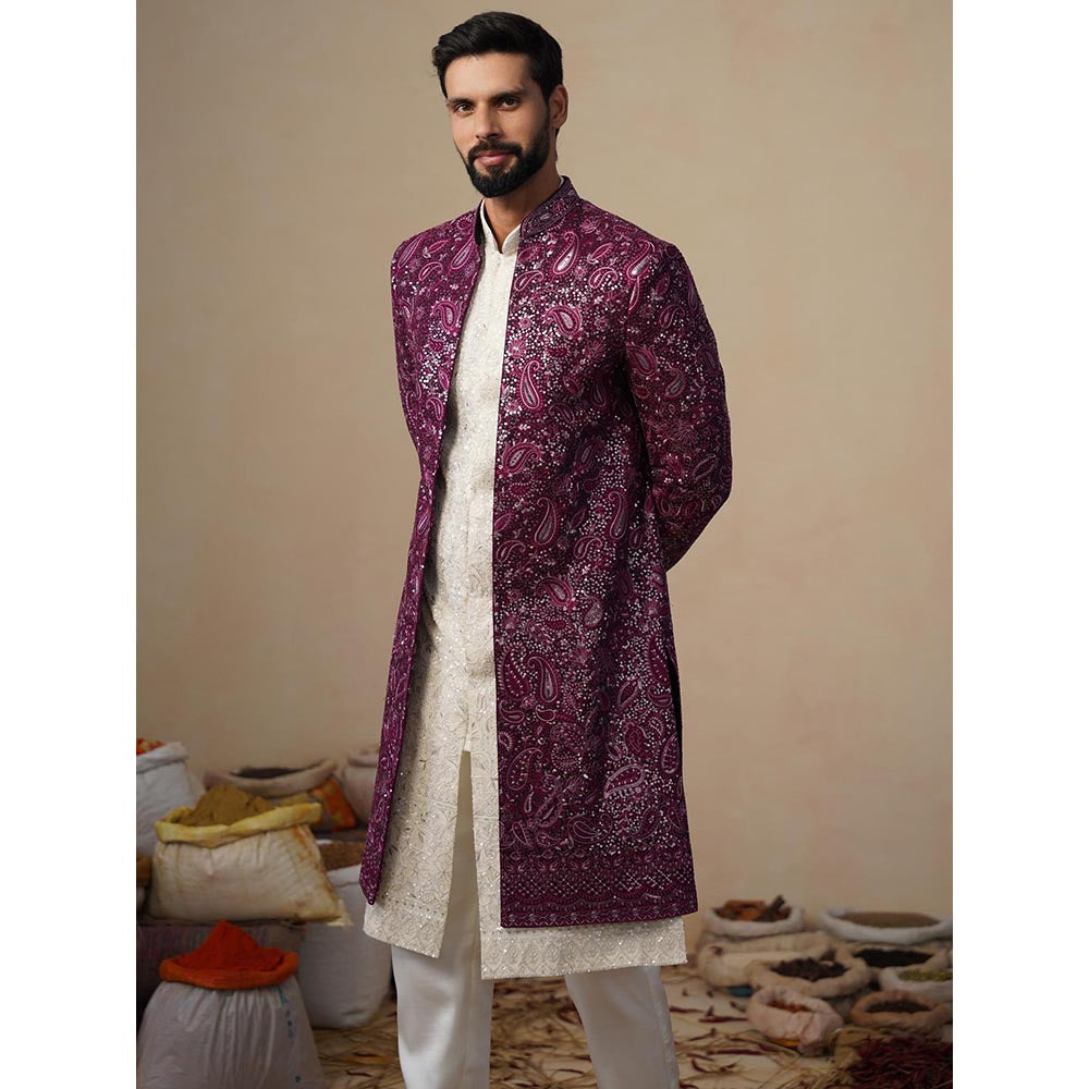 KALPRAAG Sitara Purple Indowestern Sherwani With Kurta And Pant