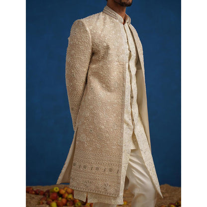 KALPRAAG Divit Cut dana Beige Sherwani With Kurta And Pant