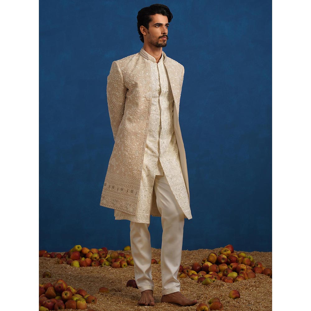 KALPRAAG Divit Cut dana Beige Sherwani With Kurta And Pant