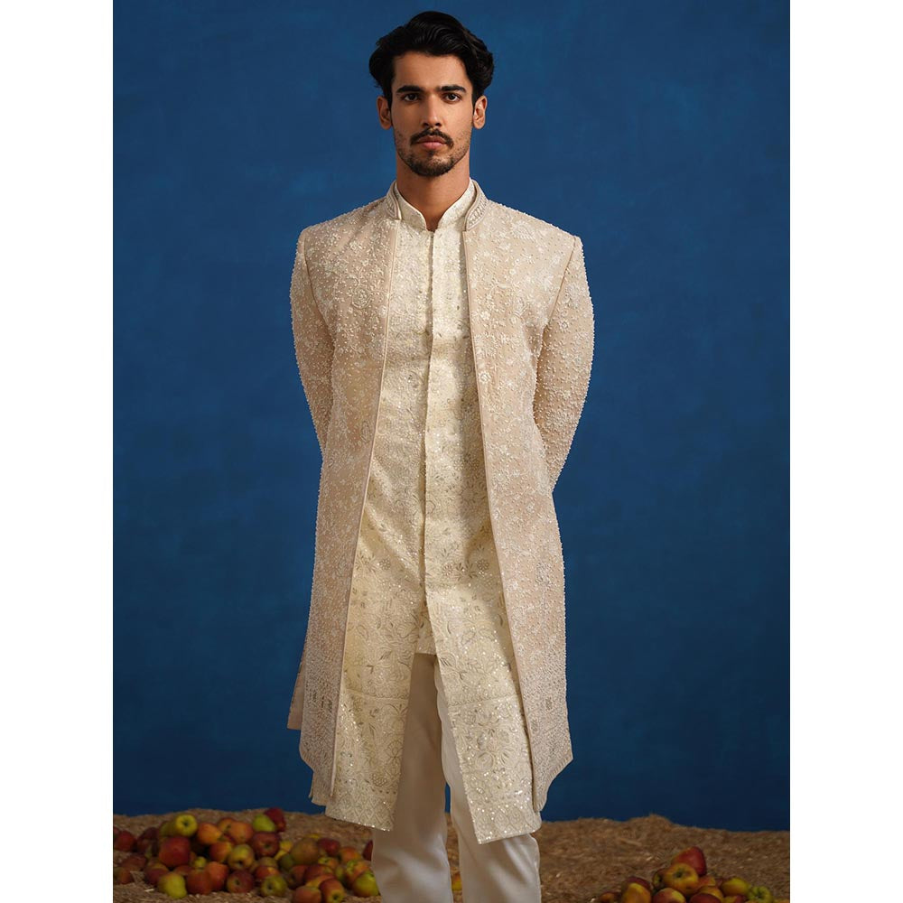 KALPRAAG Divit Cut dana Beige Sherwani With Kurta And Pant