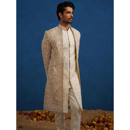 KALPRAAG Brown Tejas Cut dana Chiku Sherwani With Kurta And Pant