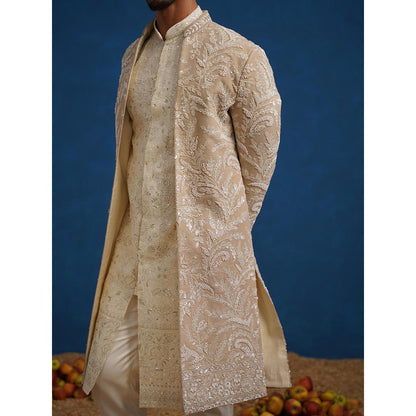 KALPRAAG Brown Tejas Cut dana Chiku Sherwani With Kurta And Pant