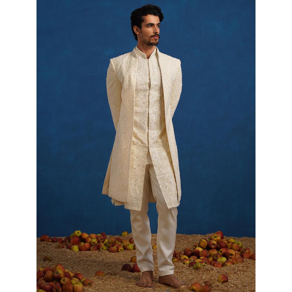 KALPRAAG Anant Cut dana Ivory Sherwani With Kurta And Pant